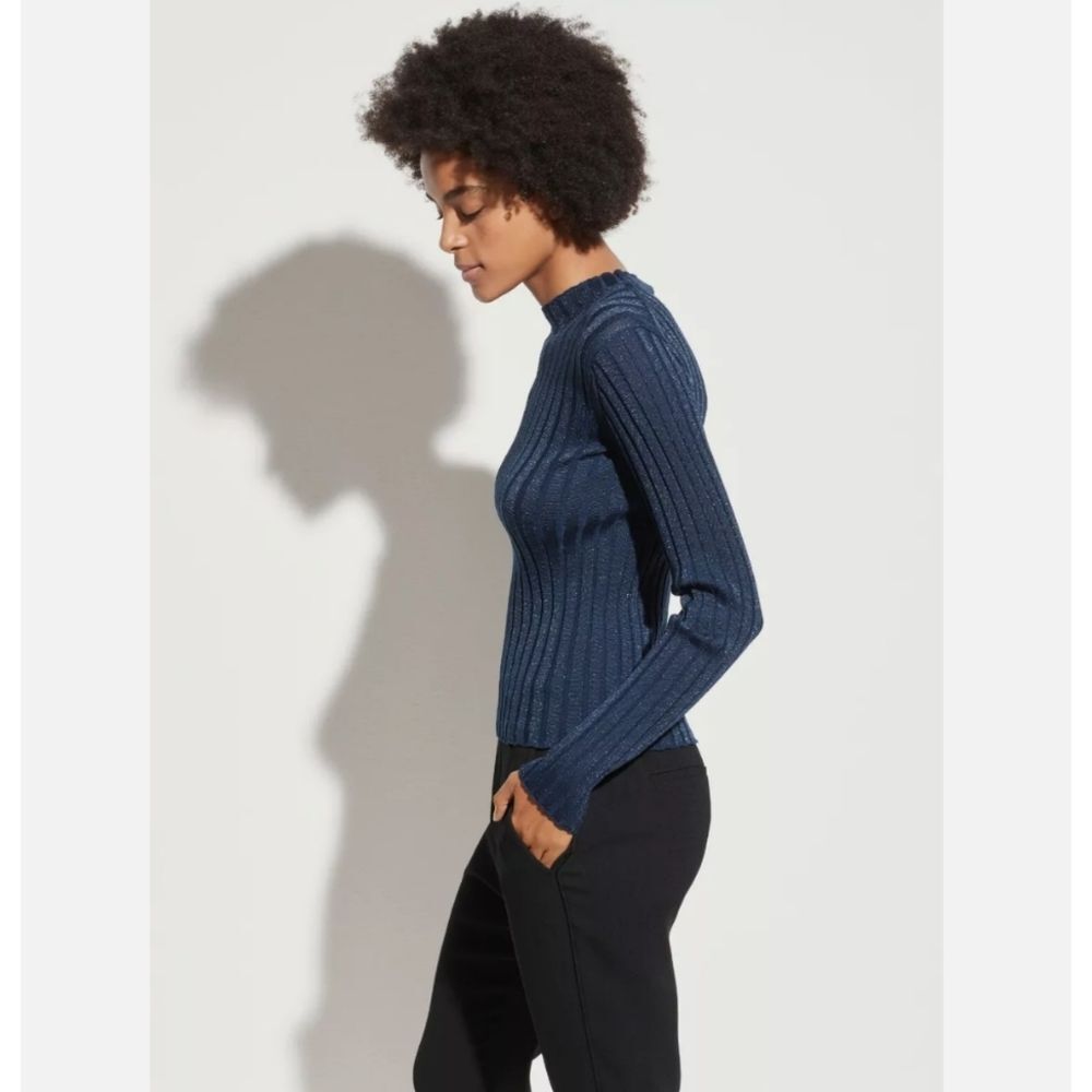 Vince Wool Ribbed Mock Neck Sweater in Blue